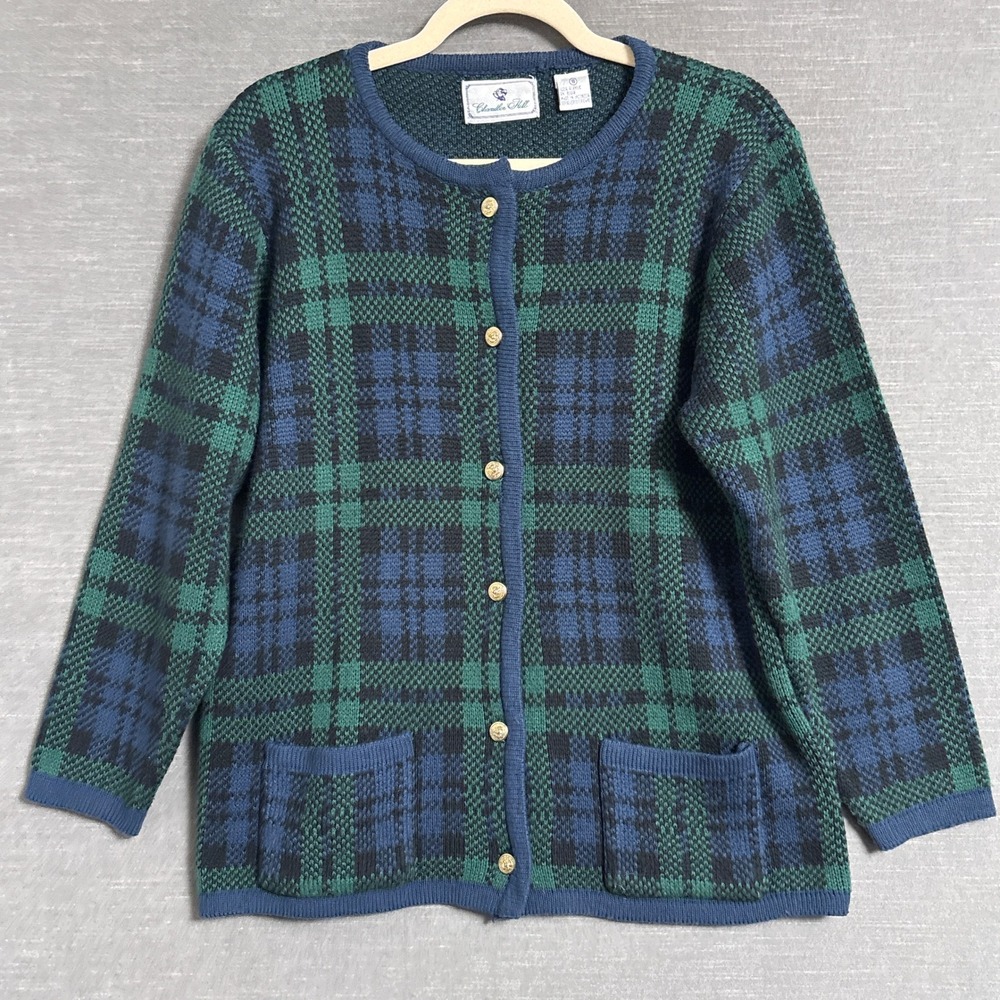 Chandler Cardigan S Blue Green Plaid Gold Knit Sweater Blazer Blackwatch Tartan